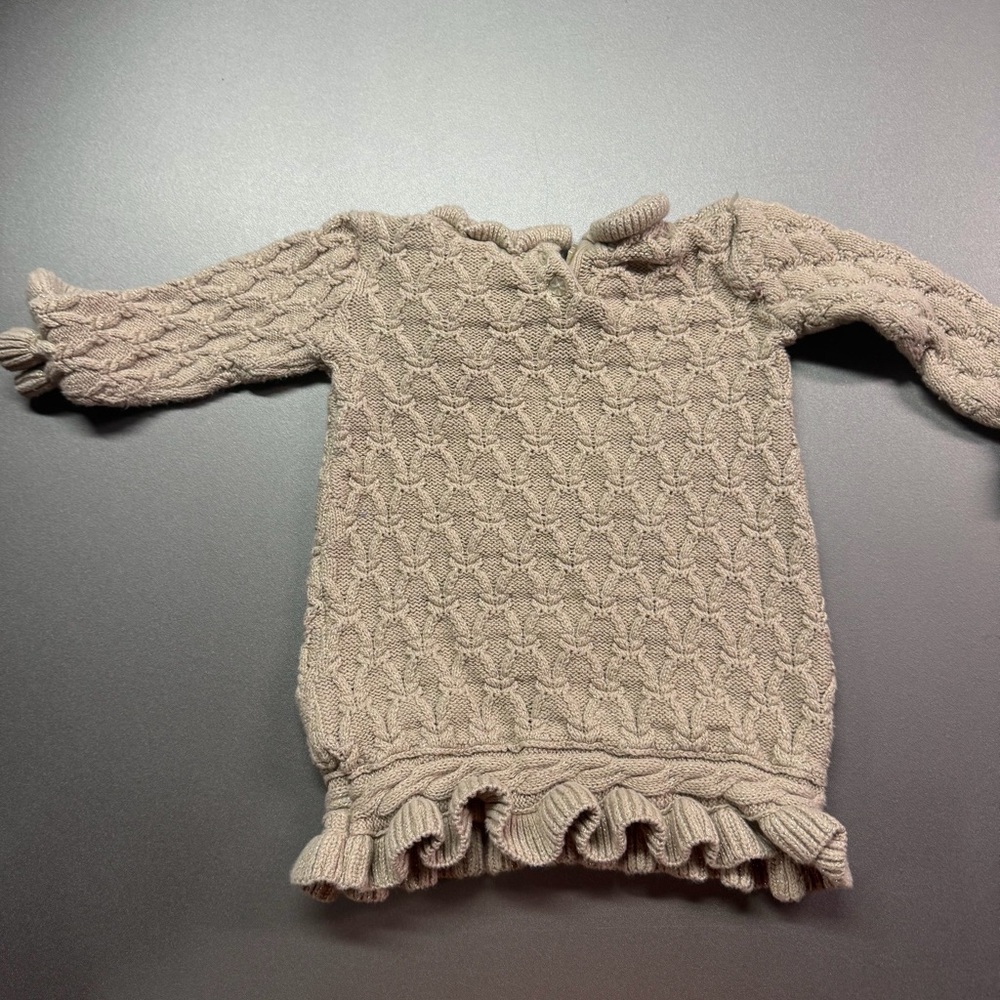Rachel Zoe Baby Girl 12M Tan Metallic Knit Sweater Dress 3D Rose Ruffle Trim